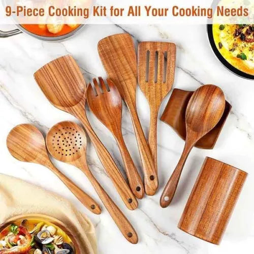 Handmade Wooden Kitchen Utensils 9-Piece Set